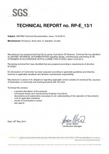 Certifikat - Filteri PED verifikacija (SGS)